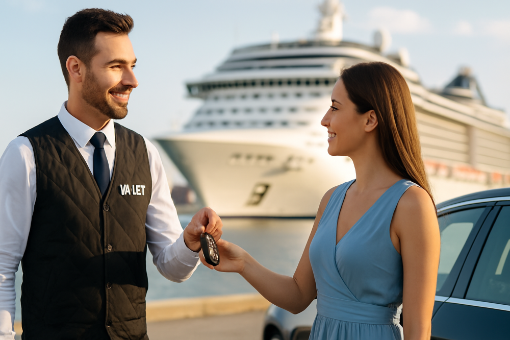 Ein Paar übergibt ihr Fahrzeug einem Valet-Mitarbeiter direkt am Rheinufer Köln mit einem Kreuzfahrtschiff im Hintergrund.